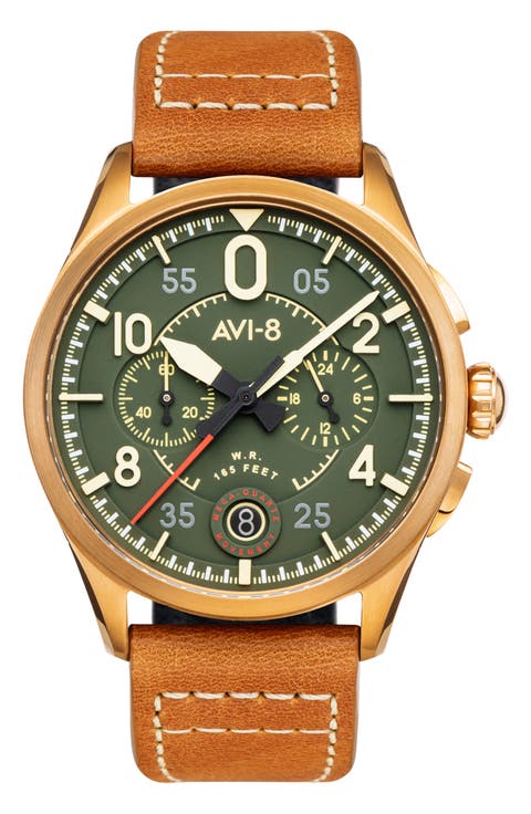 Spitfire Lock Green Dial Chronograph Leather Strap Watch, 42mm
