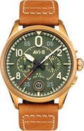 AVI-8 Spitfire Lock Green Dial Chronograph Leather Strap Watch, 42mm