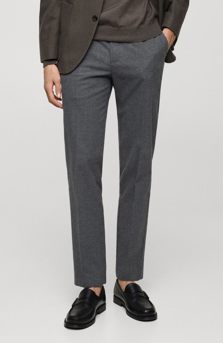 MANGO Regular Fit Navy Flat Front Textured Stretch Cotton Pants, Main, color, Light Heather Grey