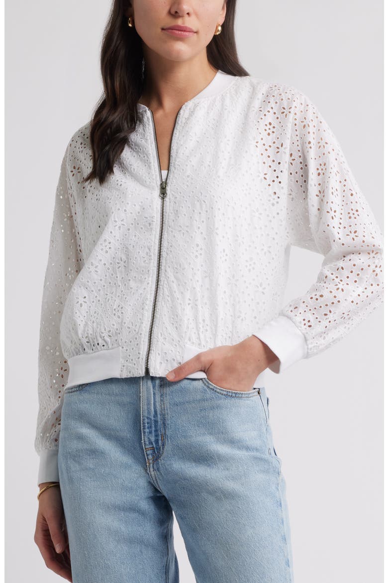Embroidered Eyelet Cotton Zip-Up Bomber Jacket, Main, color, WHITE