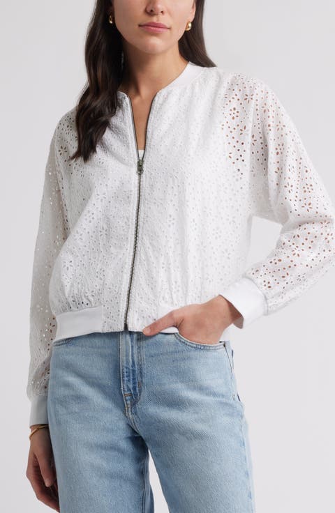 Embroidered Eyelet Cotton Zip-Up Bomber Jacket