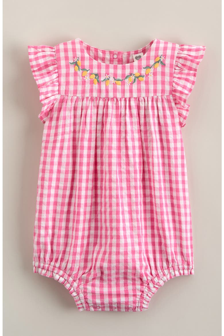 Flutter Sleeve Bubble Romper, Main, color, PINK SUNSET GINGHAM- LEMONS