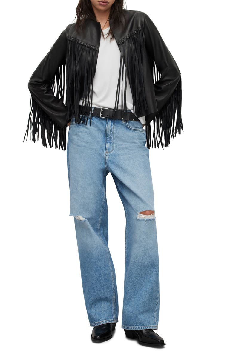 AllSaints Reema Fringe Leather Jacket, Alternate, color,