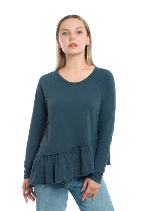 Raglan Long Sleeve Asymmetric Peplum Hem Tee