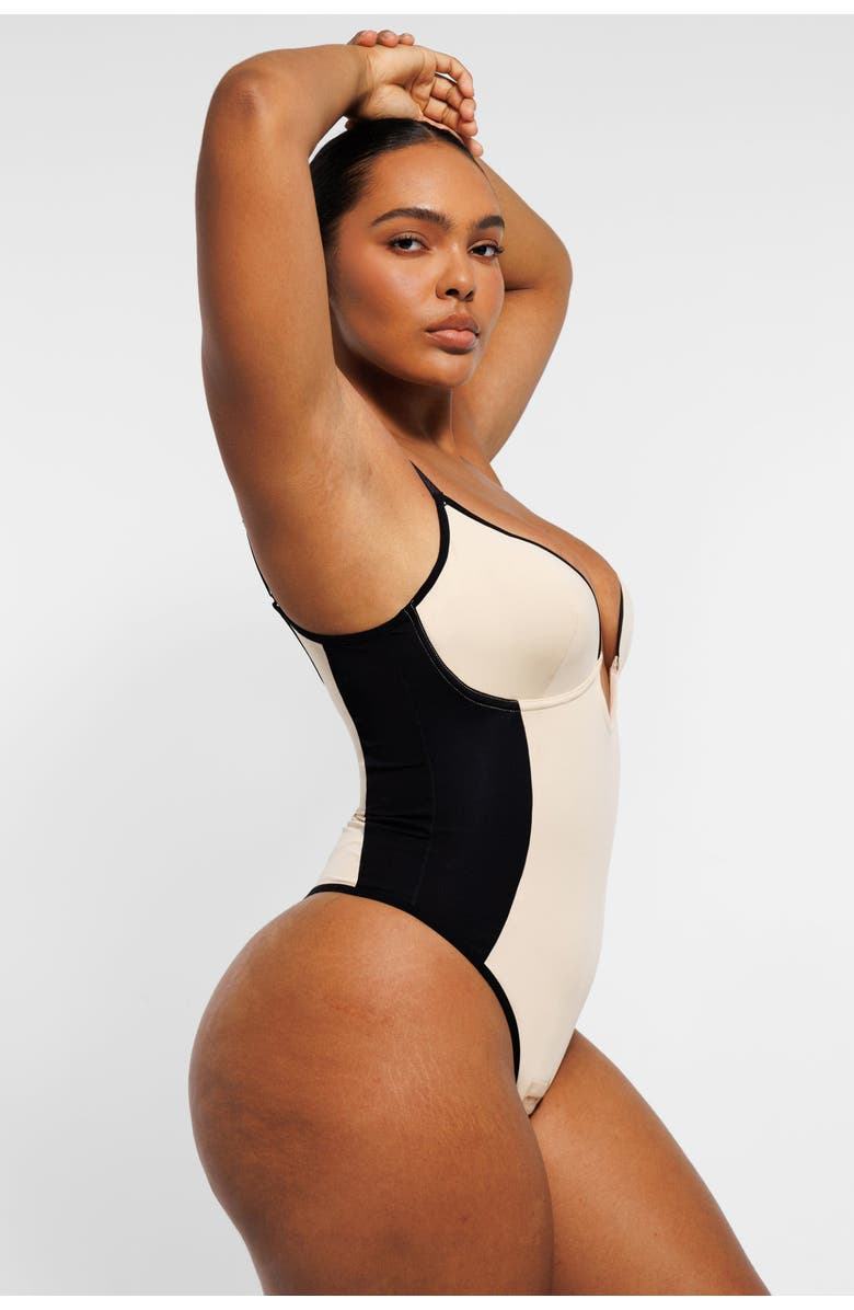 Shapellx AirSlim Deep Plunge Thong Shaping Bodysuit, Alternate, color, Ivory