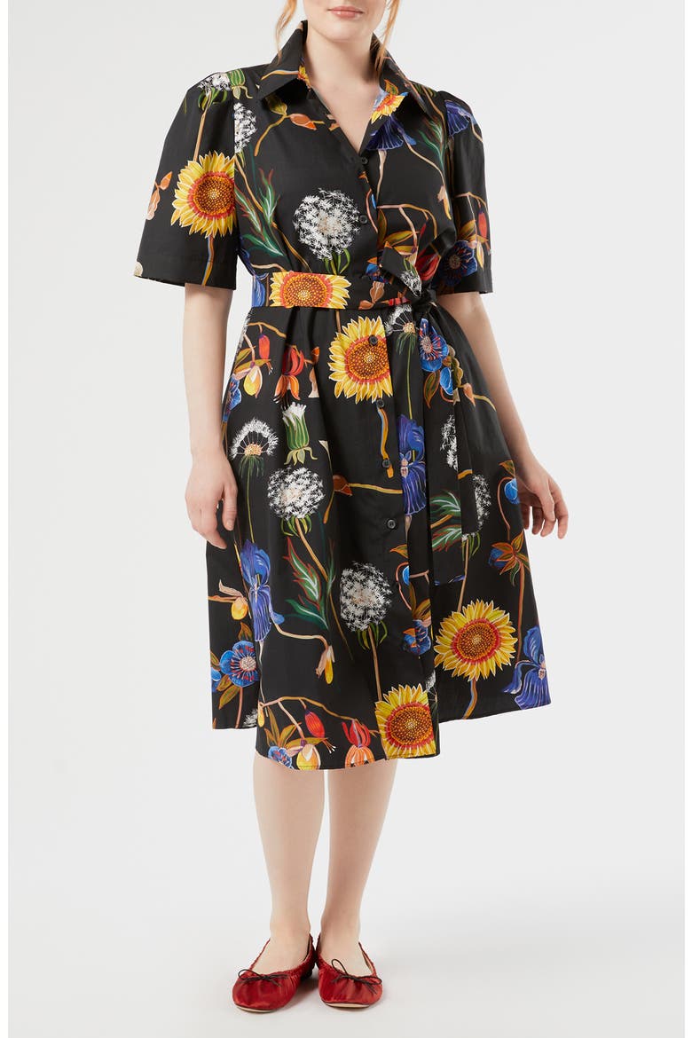 Lacrima Floral Belted Cotton Shirtdress, Main, color, BLACK