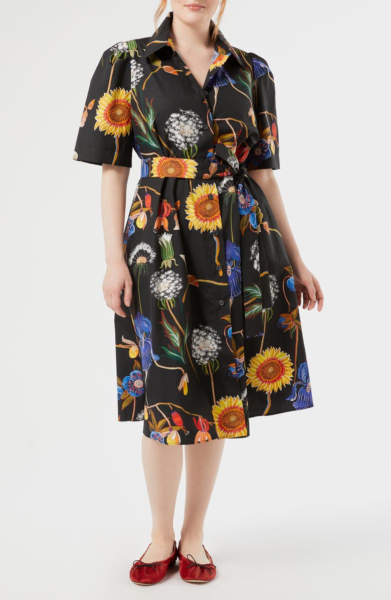 Marina Rinaldi Lacrima Floral Belted Cotton Shirtdress, Main, color, Black