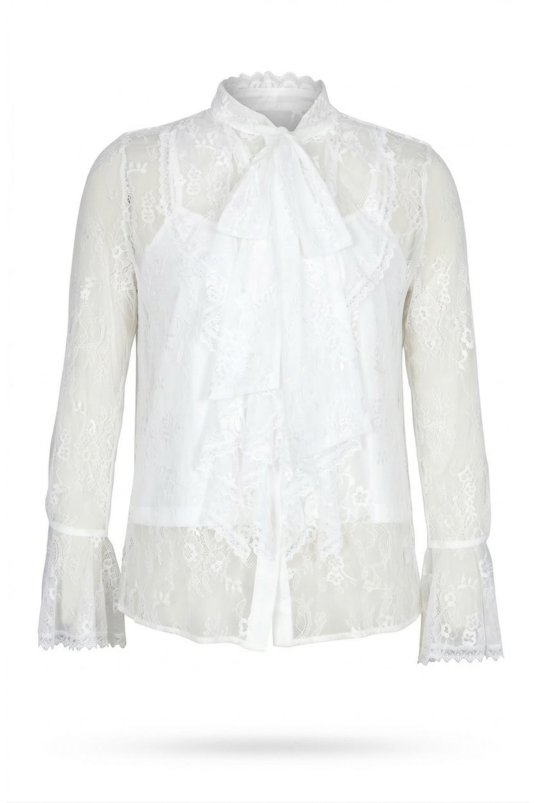Sheer Lace Bow Tie Neck Ruffle Front Detail Blouse, Alternate, color, White