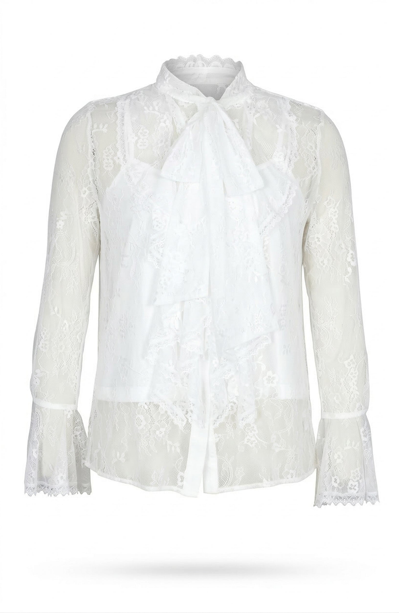 Modenaire Sheer Lace Bow Tie Neck Ruffle Front Detail Blouse, Alternate, color, White