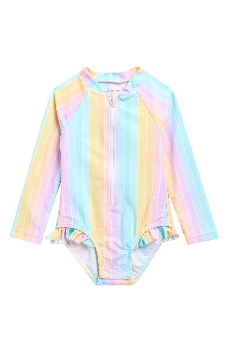 Little Me Stripe Long Sleeve One-Piece Rashguard Swimsuit, Main, color, Pink Multi