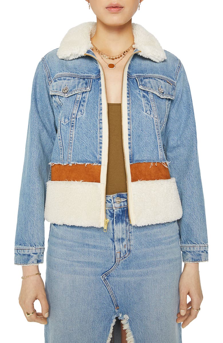 MOTHER The Cut and Paste Patchwork Faux Shearling Denim Jacket, Main, color, 