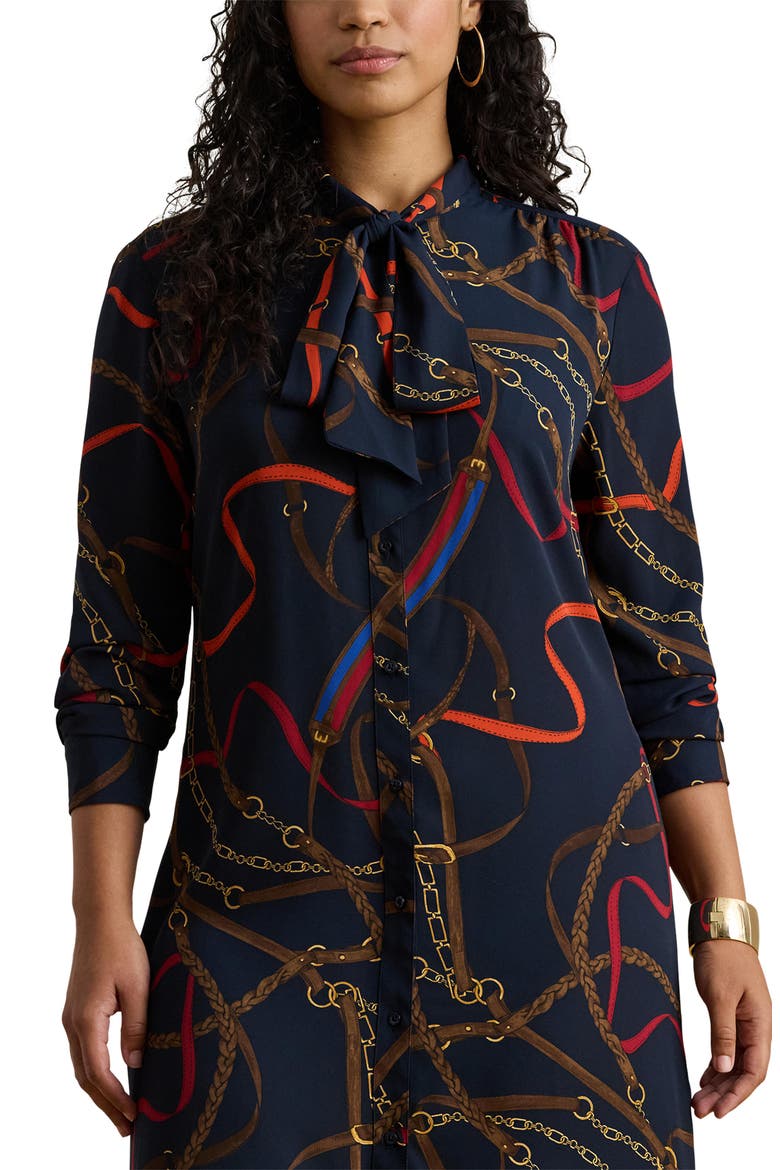 Chain Print Tie Waist Long Sleeve Crepe Shirtdress, Alternate, color, NAVY MULTI