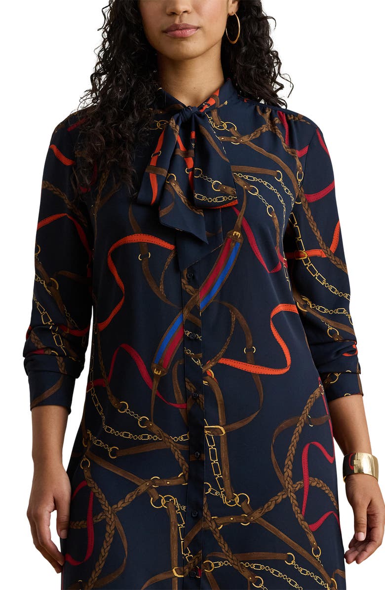 Lauren Ralph Lauren Chain Print Tie Waist Long Sleeve Crepe Shirtdress, Alternate, color, Navy Multi
