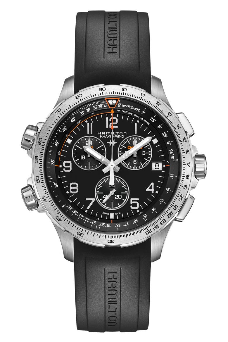 Khaki Aviation X-Wind Chronograph GMT Silicone Strap Watch, 46mm, Main, color, BLACK/ SILVER