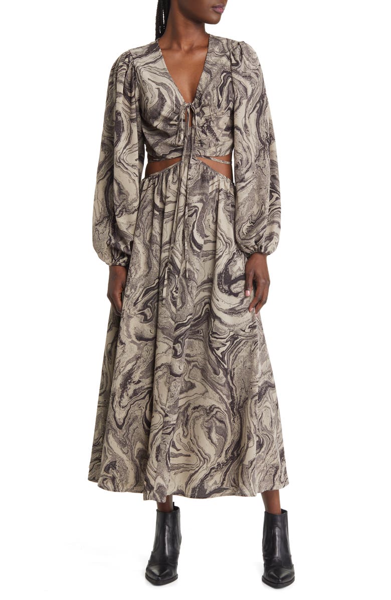 MOON RIVER Cutout Long Sleeve MIdi Dress, Main, color, 