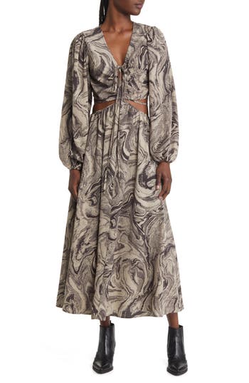 Moon River Cutout Long Sleeve Midi Dress In Gray
