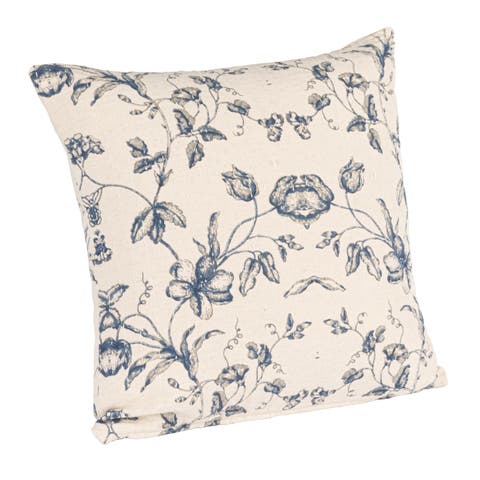 Floral Patterned Cotton and Linen Pillow, Blue