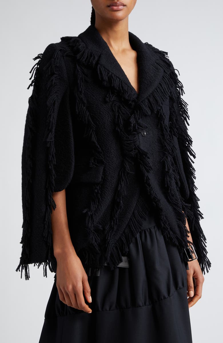 Noir Kei Ninomiya Fringe Trim Wool Blend Coat, Alternate, color,
