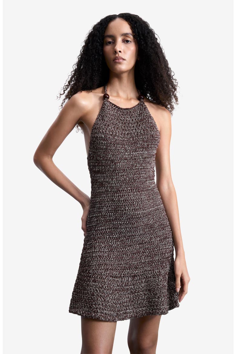 Open Stitch Halter Neck Cotton Blend Minidress, Alternate, color, BROWN