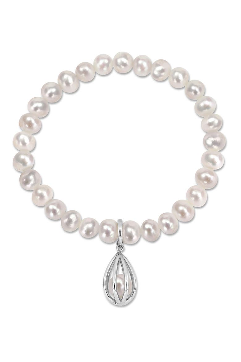 Sterling Silver 7-7.5mm White Freshwater Cultured Pearl Charm Bracelet, Main, color, WHITE