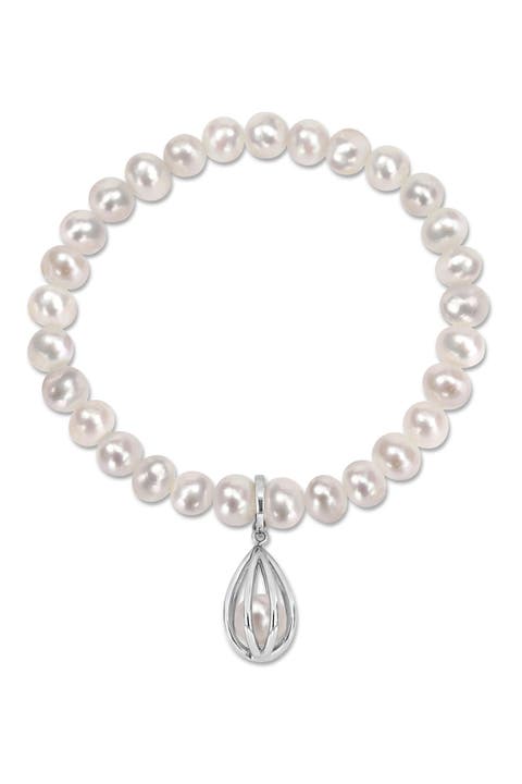 Sterling Silver 7-7.5mm White Freshwater Cultured Pearl Charm Bracelet