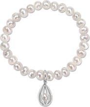 DELMAR Sterling Silver 7-7.5mm White Freshwater Cultured Pearl Charm Bracelet