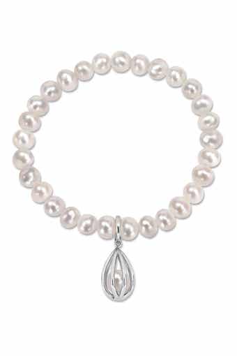 Sterling Silver 7-7.5mm White Freshwater Cultured Pearl Charm Bracelet