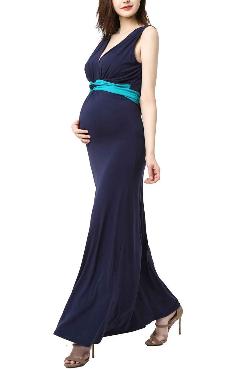Kimi & Kai Scarlett Colorblock Maternity Maxi Dress, Alternate, color, Navy Teal