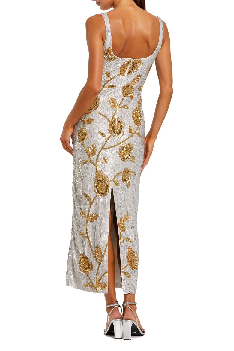 Embellished Floral Sequin Mesh Midi Dress, Alternate, color, Platinum Gold