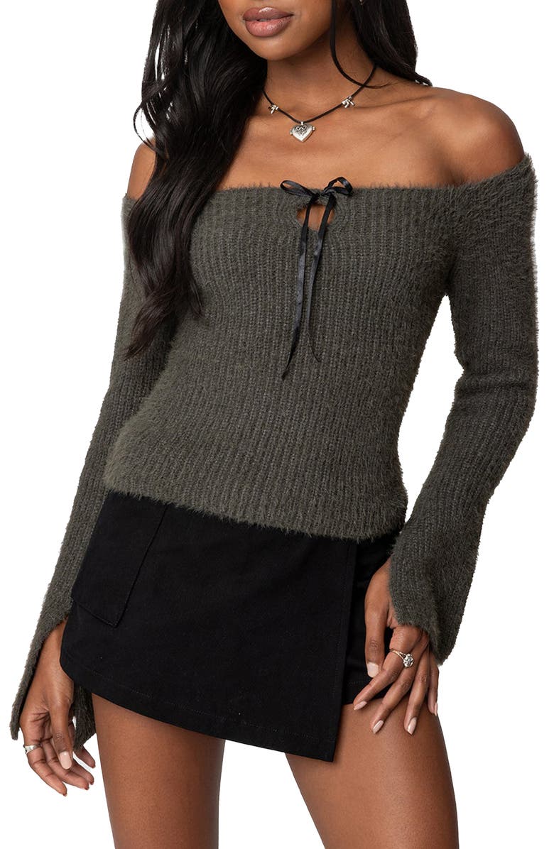 EDIKTED Off the Shoulder Long Sleeve Knit Shirt, Main, color, Gray