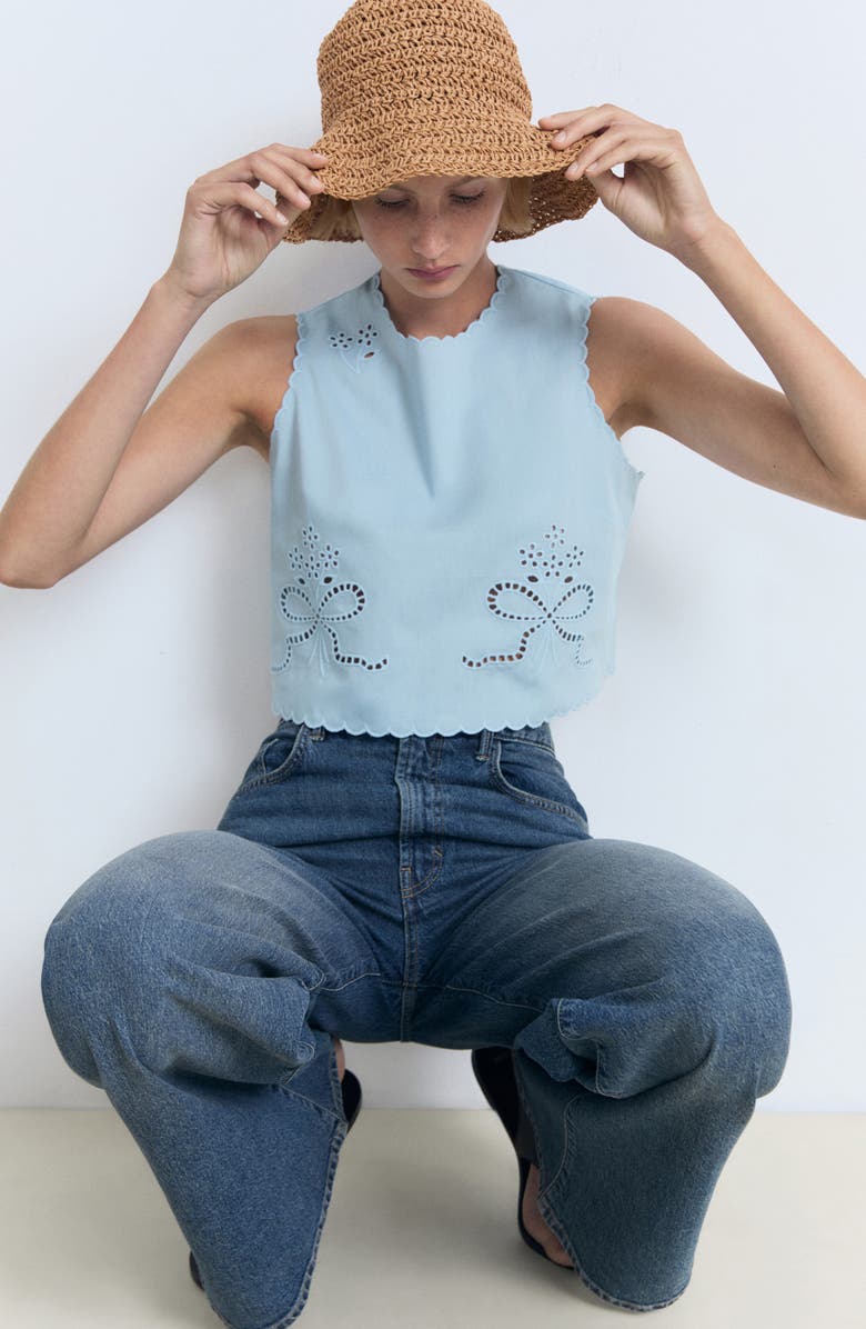 MANGO Eyelet Embroidered Cotton Crop Top, Alternate, color, Sky Blue