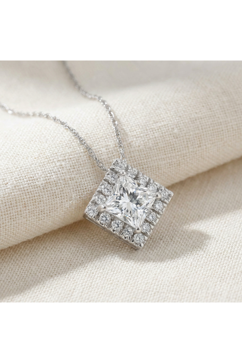 1 1/5Ct TW Princess Cut Diamond Lab Grown Halo Pendant Gold Necklace, Alternate, color, 10k White Gold