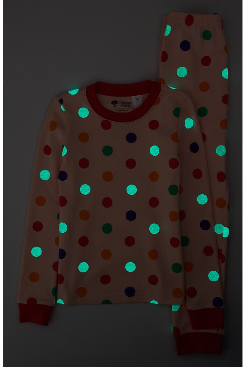 Kids' Glow in the Dark Fitted Two-Piece Pajamas, Alternate, color, PINK SEASHELL MULTI DOTS