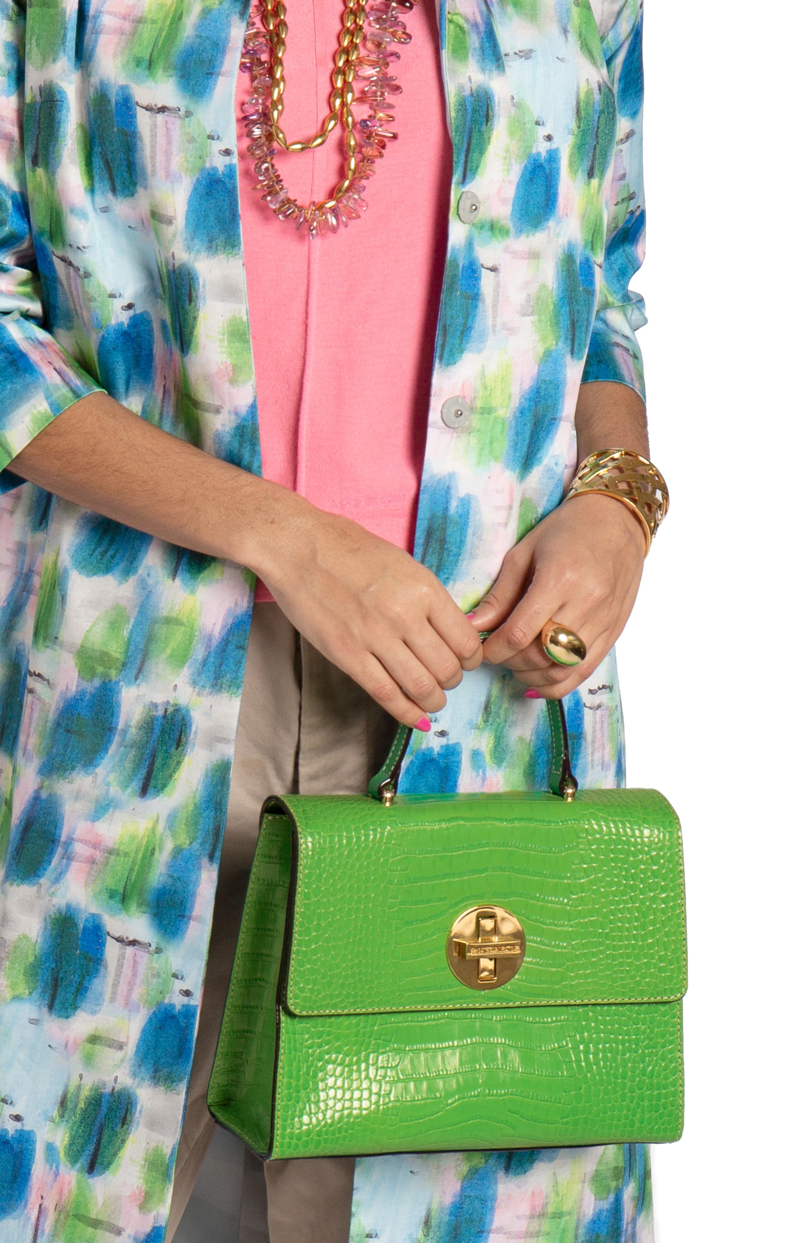 Holly Croc Embossed Leather Satchel, Alternate, color, GREEN