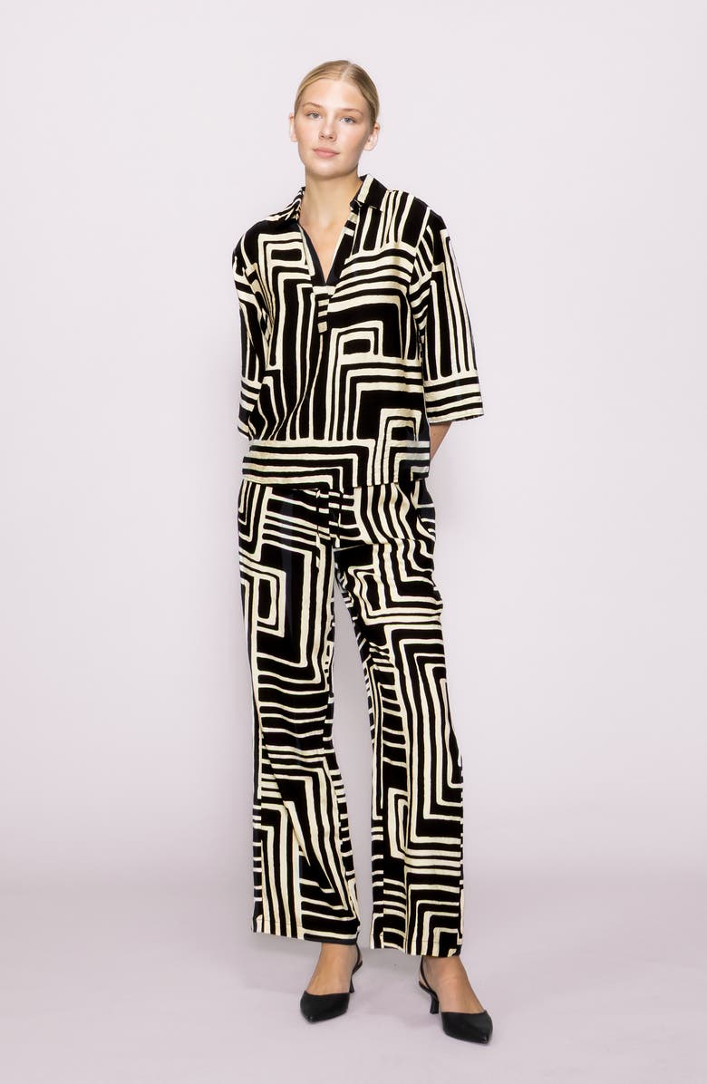 MELLODAY Print Three-Quarter Sleeve Woven Top, Alternate, color, Black Ivory