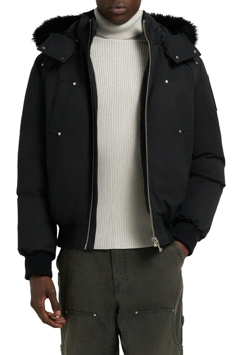 Original Genuine Shearling Trim Water & Wind Resistant 650 Fill Power Down Ballistic Bomber Jacket, Main, color, BLK WBLK S