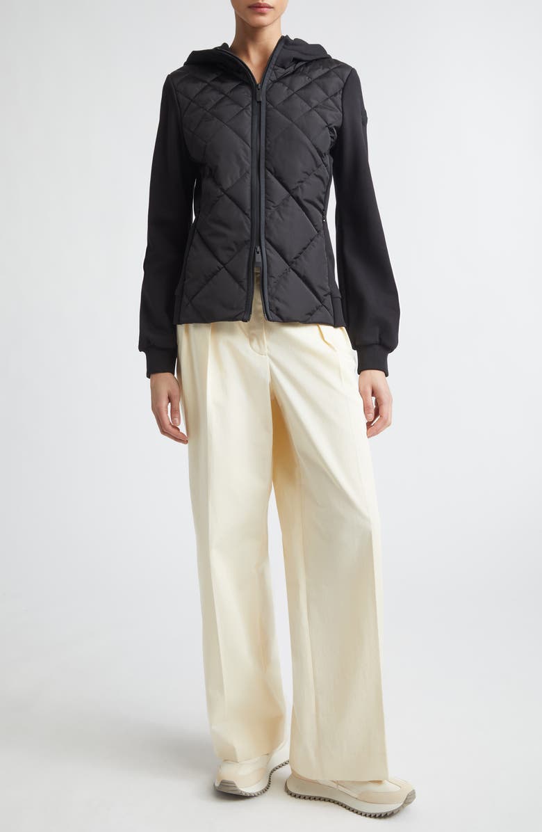 Moncler Mixed Media Hooded Zip Down Cardigan, Alternate, color, Black