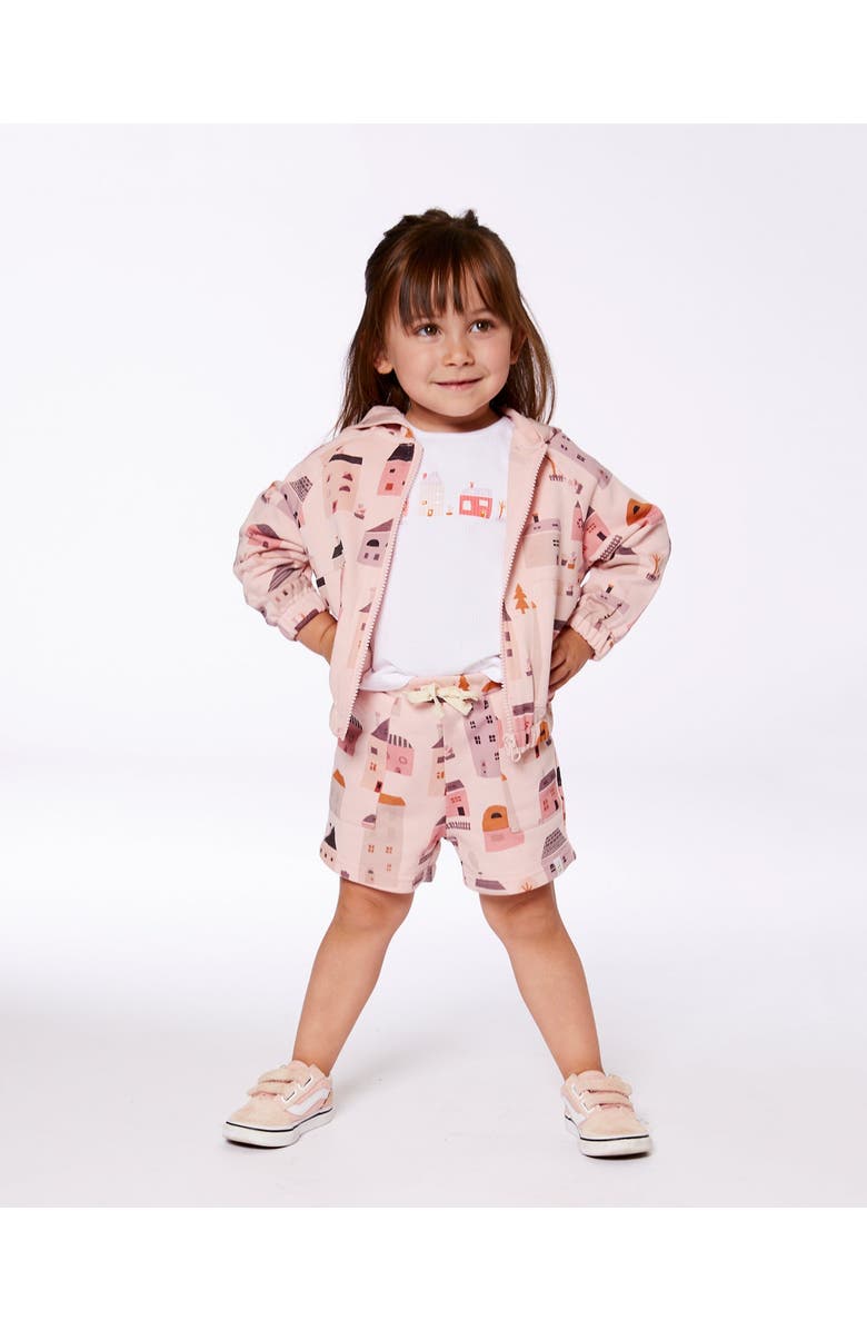 Deux par Deux Baby Girl's Printed French Terry Hoodie Cardigan Pink And Coral Houses, Alternate, color,