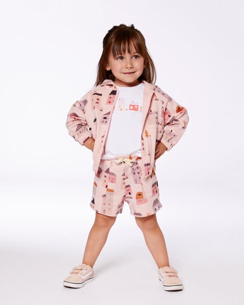 Deux Par Deux Little Girl's Printed French Terry Hoodie Cardigan Pink And Coral Houses In Pink And Coral Houses