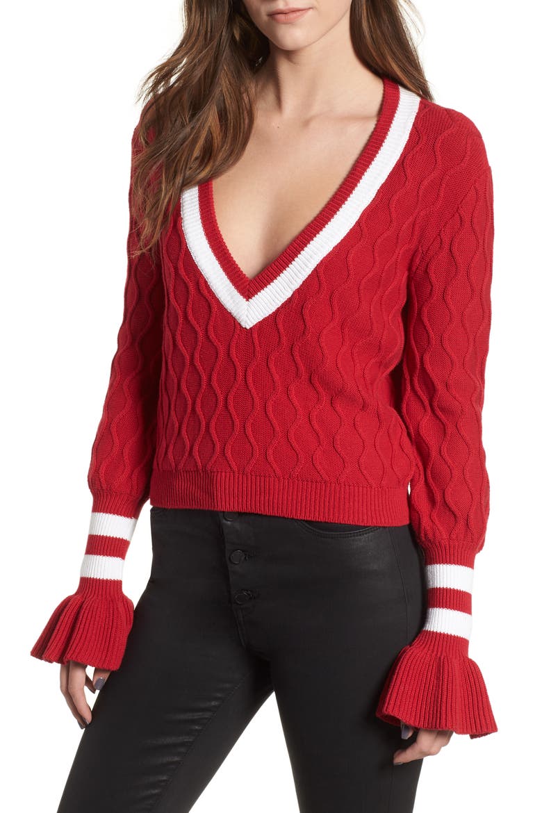 Graduate Bell Sleeve Sweater, Main, color, BERRY/ WHITE