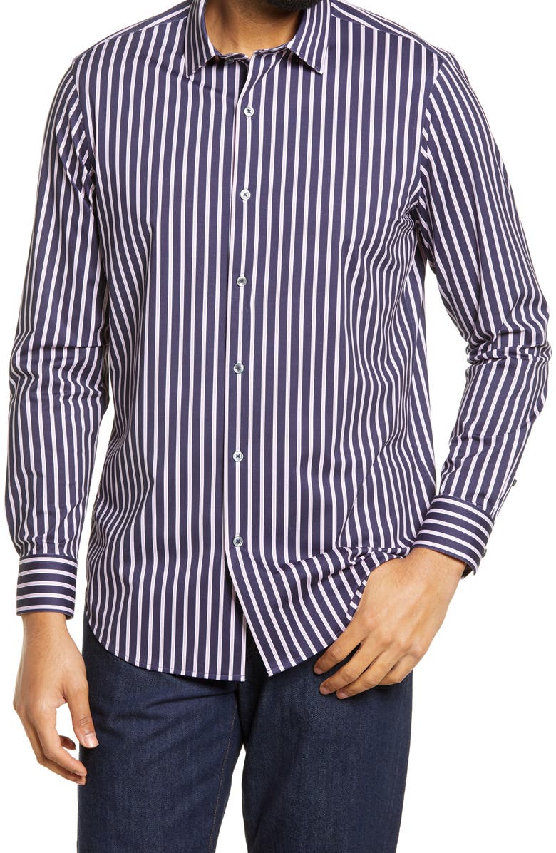 Bugatchi Tech Stripe Knit Stretch Cotton Button-Up Shirt, Main, color, 