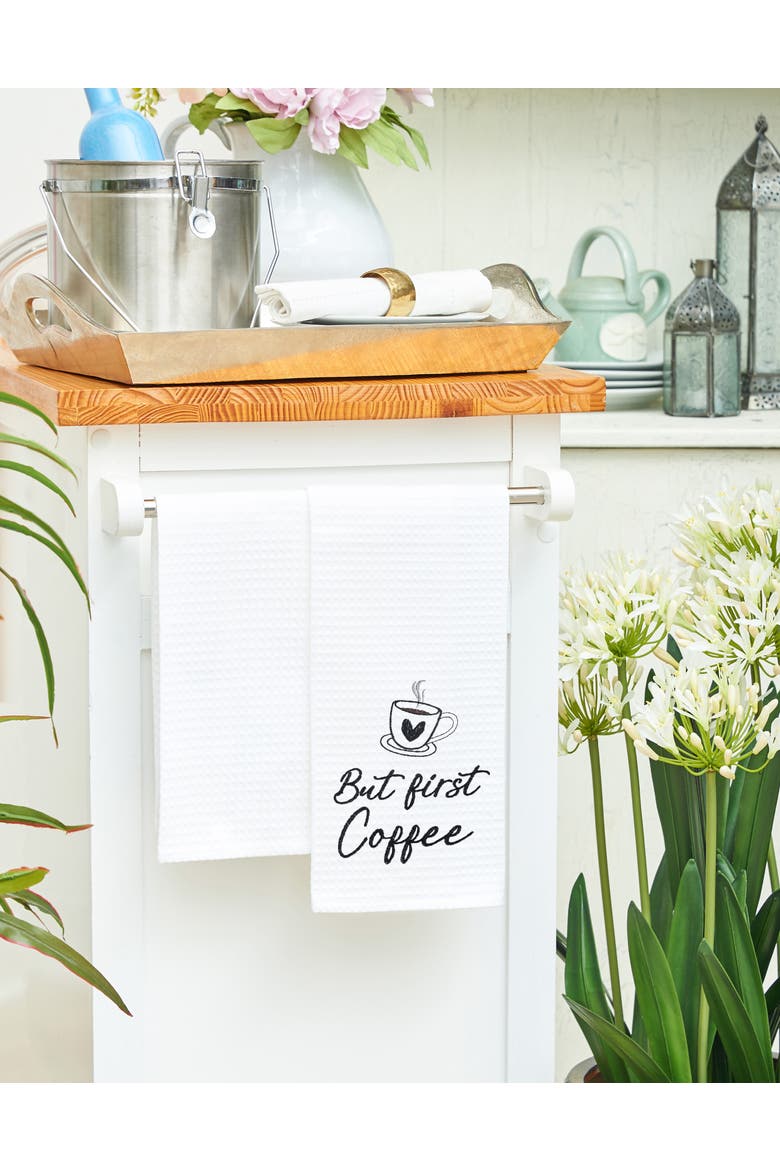 But First Coffee Embroidered Cotton Waffle Weave Kitchen Towel, Alternate, color, Black