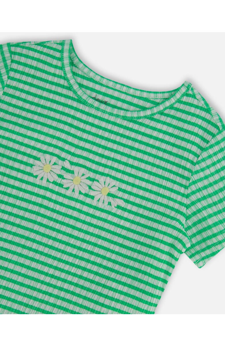 Deux par Deux Little Girl's Crinkle Jersey Top With Flower Applique Vichy Green, Alternate, color, 