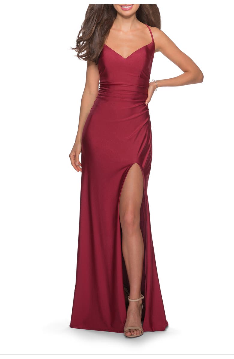 La Femme Long Homecoming Dress with Slit and Criss Cross Back, Main, color, Burgundy