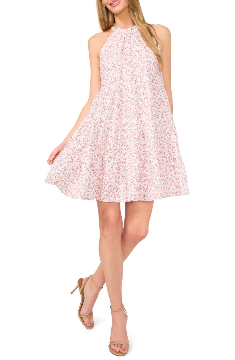 CeCe Floral Sleeveless Tiered Linen & Cotton Dress, Main, color, New Ivory