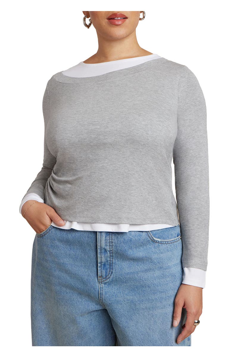 ELOQUII Layered Long Sleeve Top, Main, color, Heather Grey And White