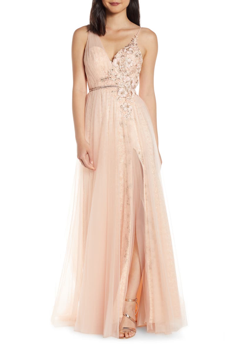Beaded Appliqué Lace Prom Dress, Main, color, BLUSH