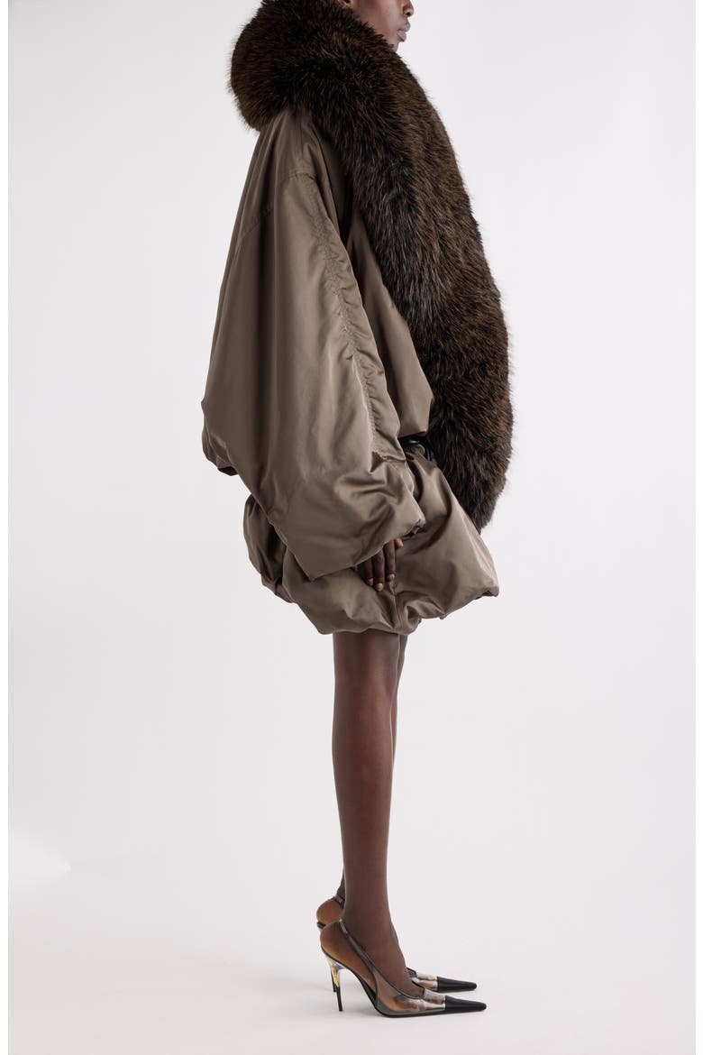 Faux Fur Collar Belted Silk Coat, Alternate, color, KAKI FONCE