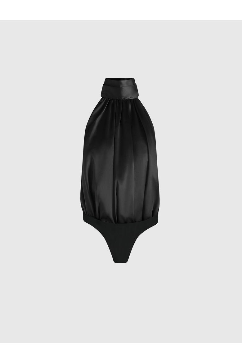 Phoebe Satin Blouson Tie-Neck Open Back Top, Alternate, color, Black
