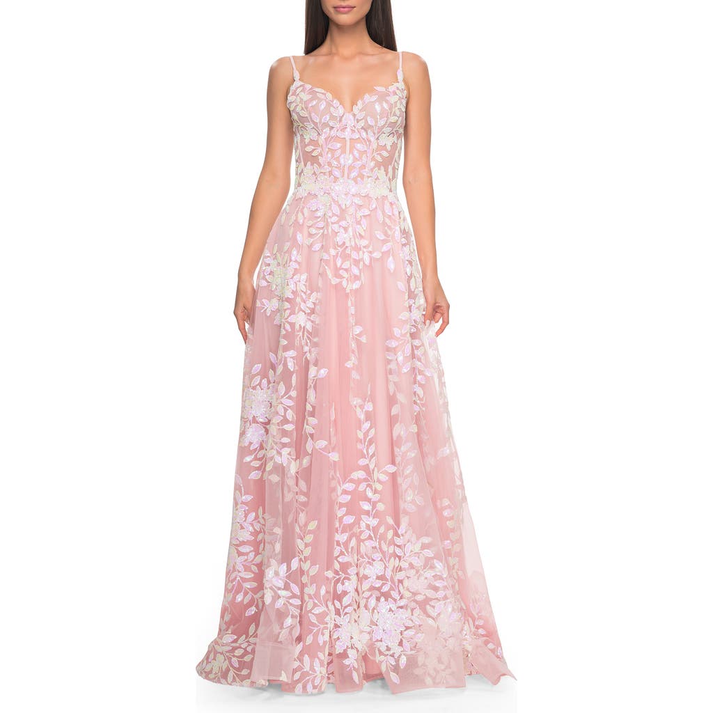 La Femme Sequin Lace Print Tulle A-line Prom Dress With Illusion Bodice